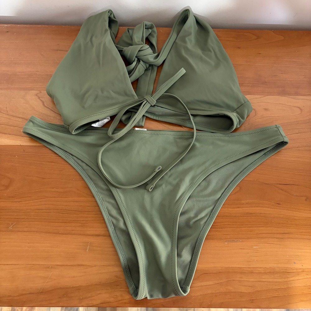 Aerie Olive Green Ribbed Bikini Set Scoop Halter Top L Bottoms M Cheekier 2pc